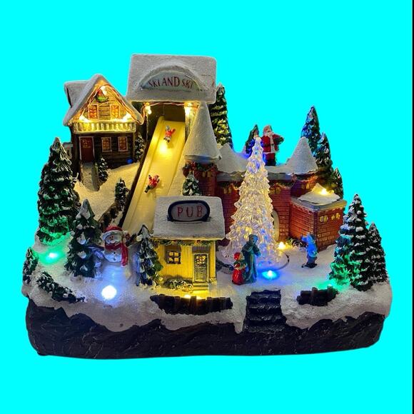 Gerson Alpine Village Christmas Castle Musical Revolving Tree Skiers Lighted - Picture 10 of 11